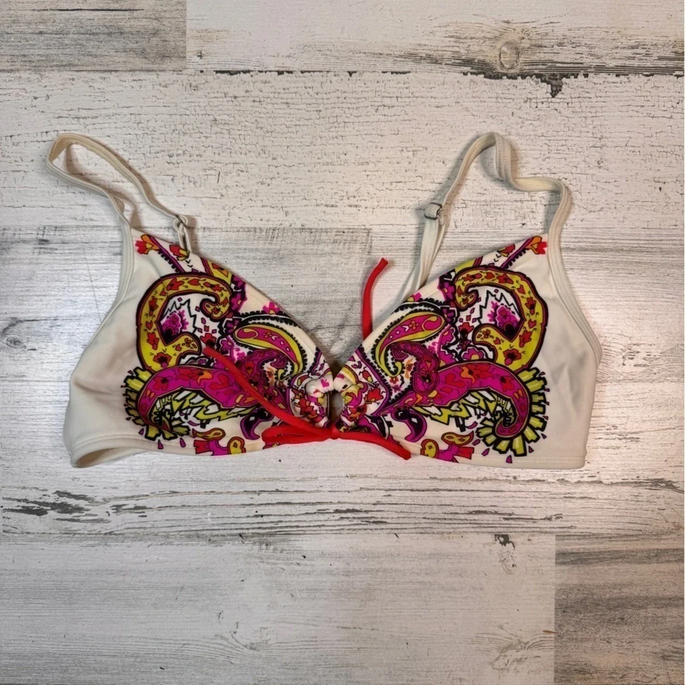 Athleta Zanzibar Scrunch Bikini Top Pink Green White Size Medium Dragonfly